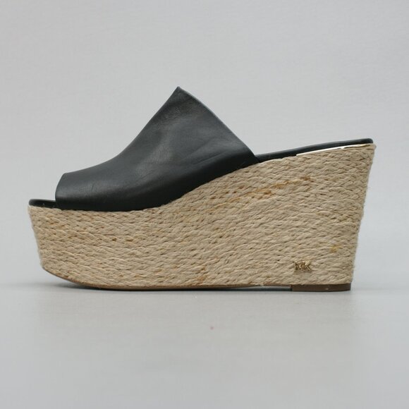 Michael Kors Ladies 9 M Wedge 2"-Platform Jute 4"-Heels Black Slides Mules Shoes - Picture 2 of 12